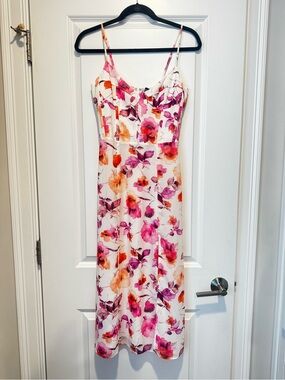 Bardot White Floral Midi Dress with Pink & Orange Blooms